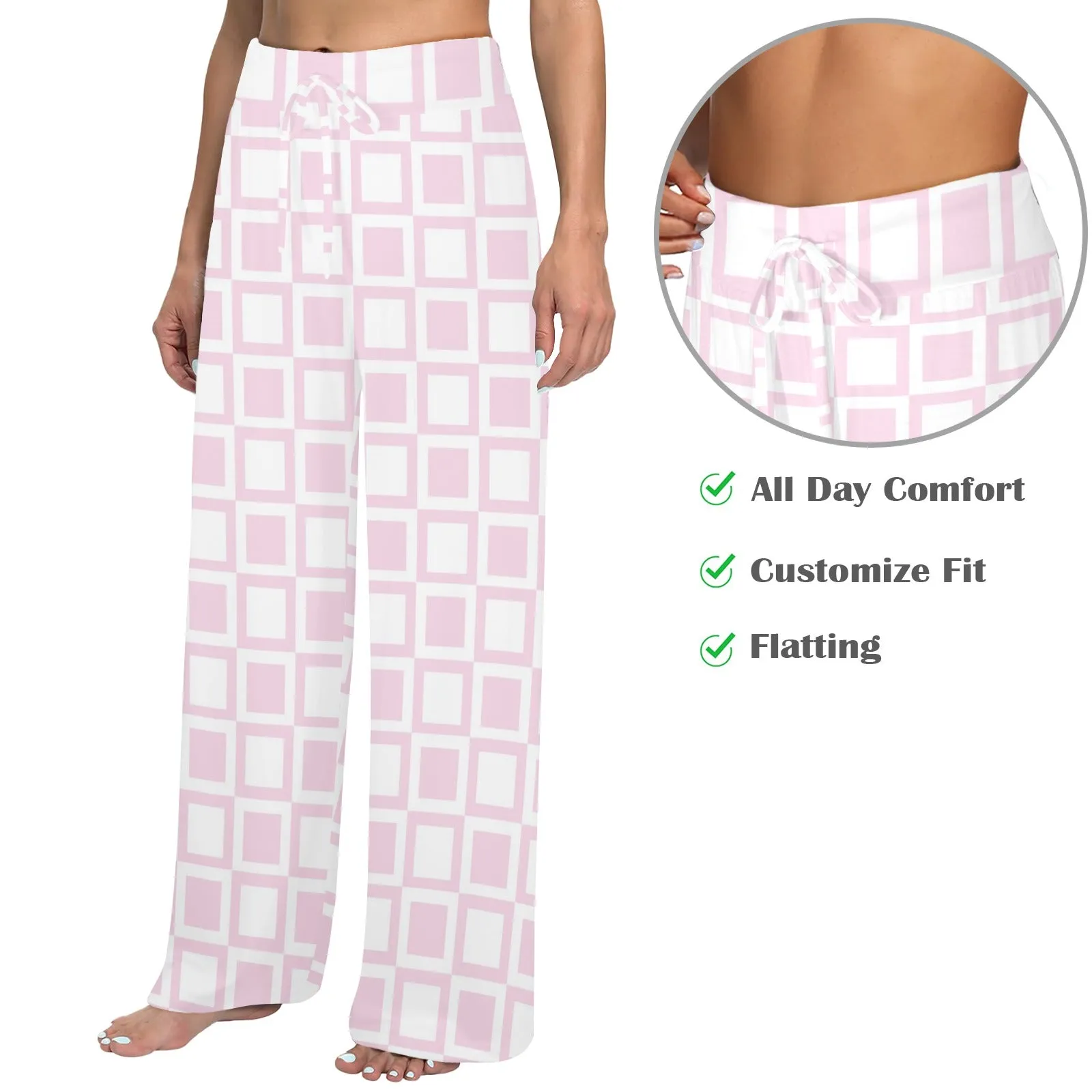 PINK WHITE SQUARE PRINT 4 Women's Wide Leg Lounge Pants (Model L77)