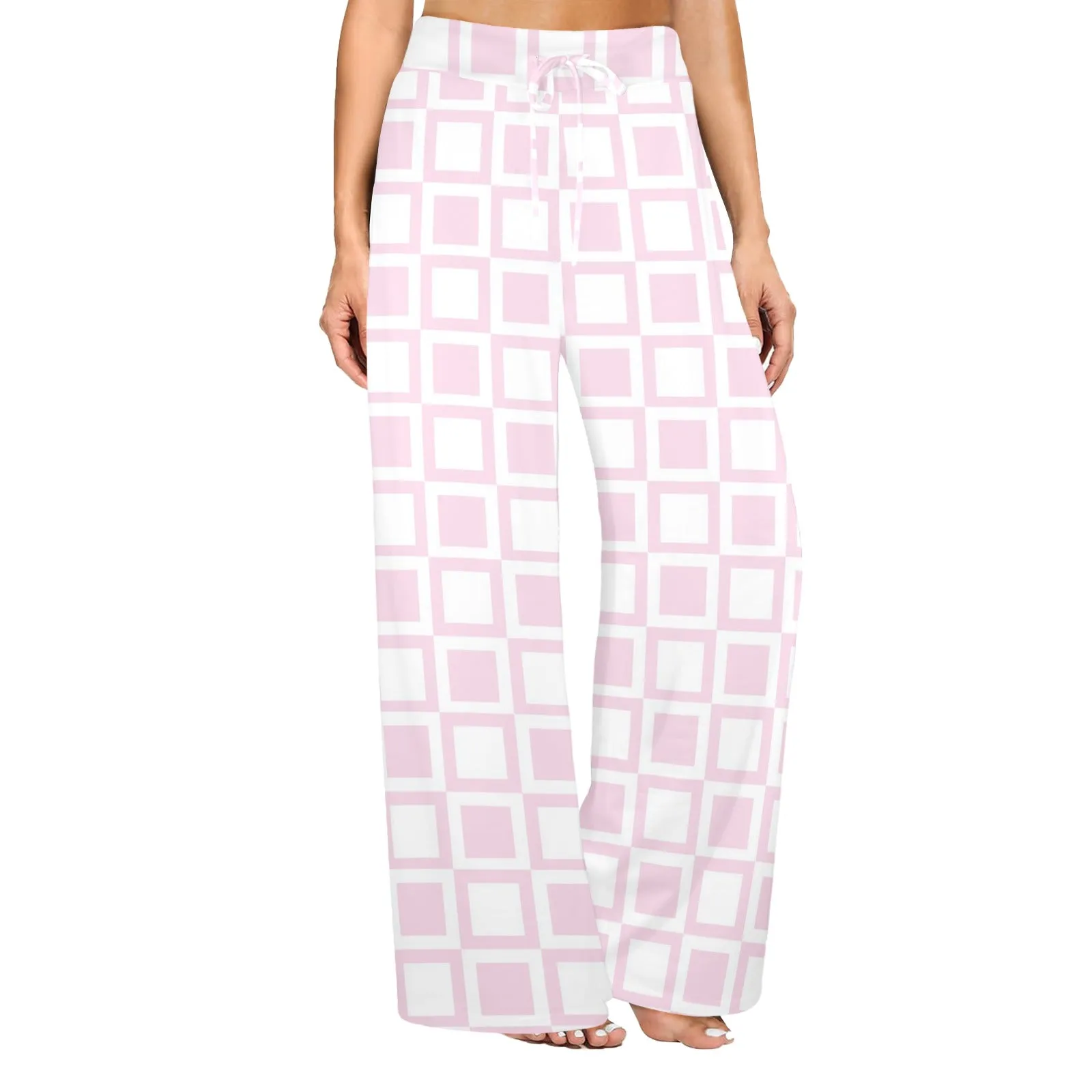 PINK WHITE SQUARE PRINT 4 Women's Wide Leg Lounge Pants (Model L77)