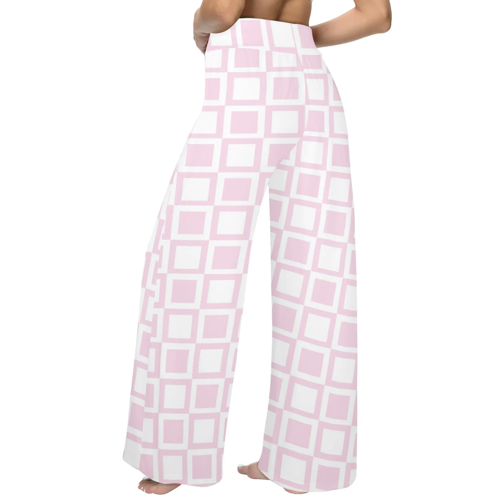 PINK WHITE SQUARE PRINT 4 Women's Wide Leg Lounge Pants (Model L77)