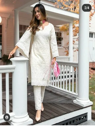 Plus Size Cream Chickenkari Sequin Salwar Kameez Set of 2