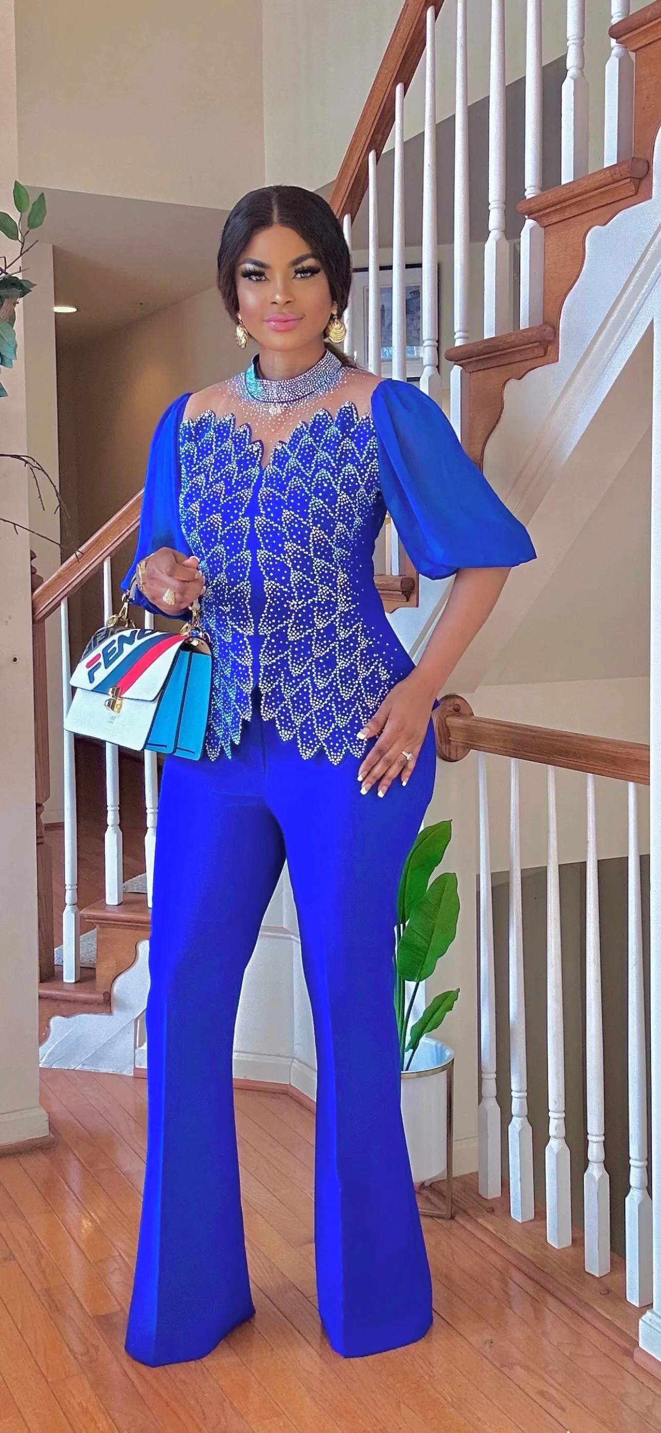 RHINESTONE BLOUSE-PALAZZO PANT SET(ROYAL BLUE)