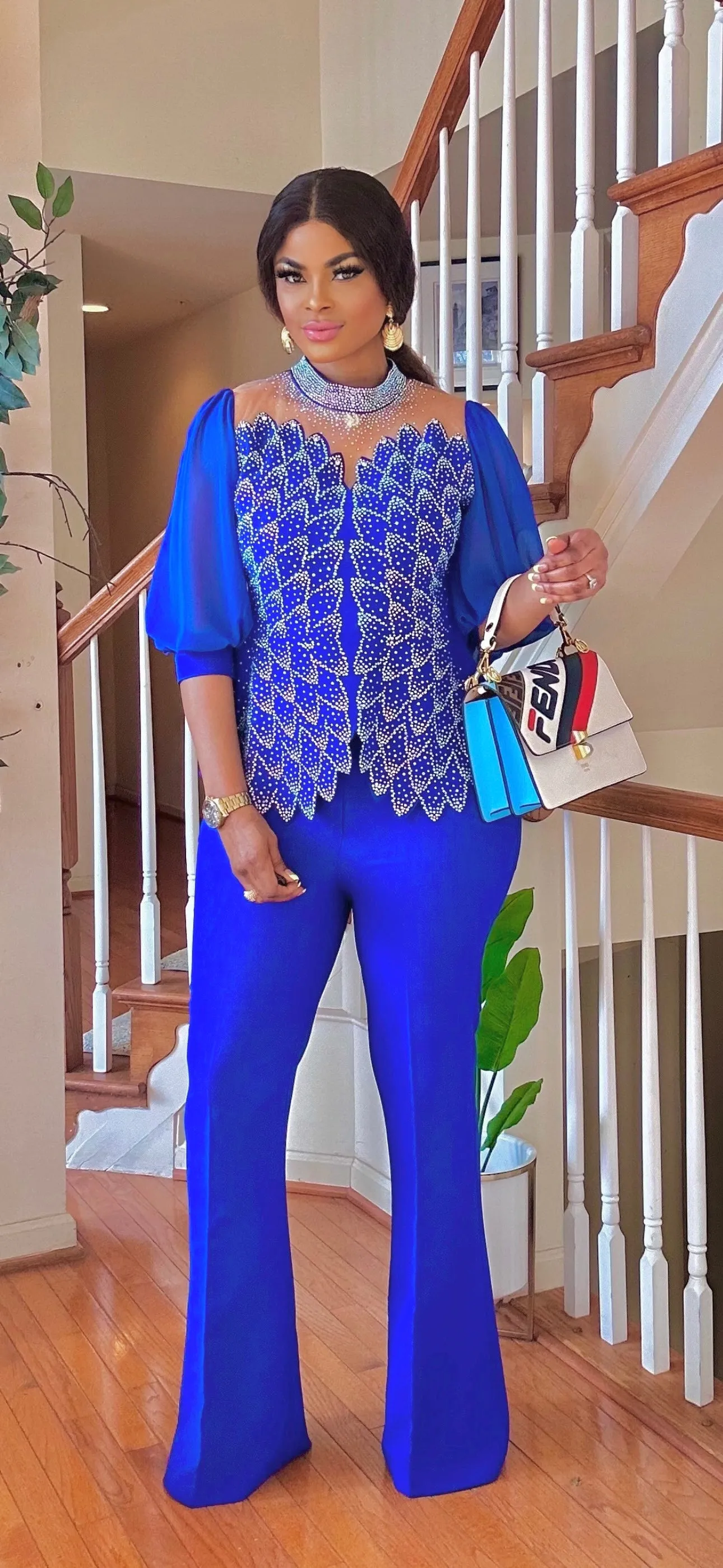 RHINESTONE BLOUSE-PALAZZO PANT SET(ROYAL BLUE)