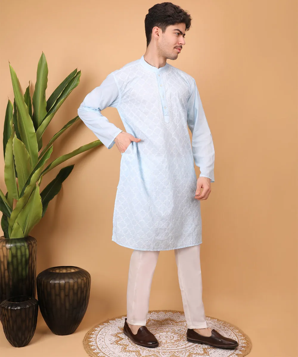 Skyblue hand embroidered cotton chikankari kurta