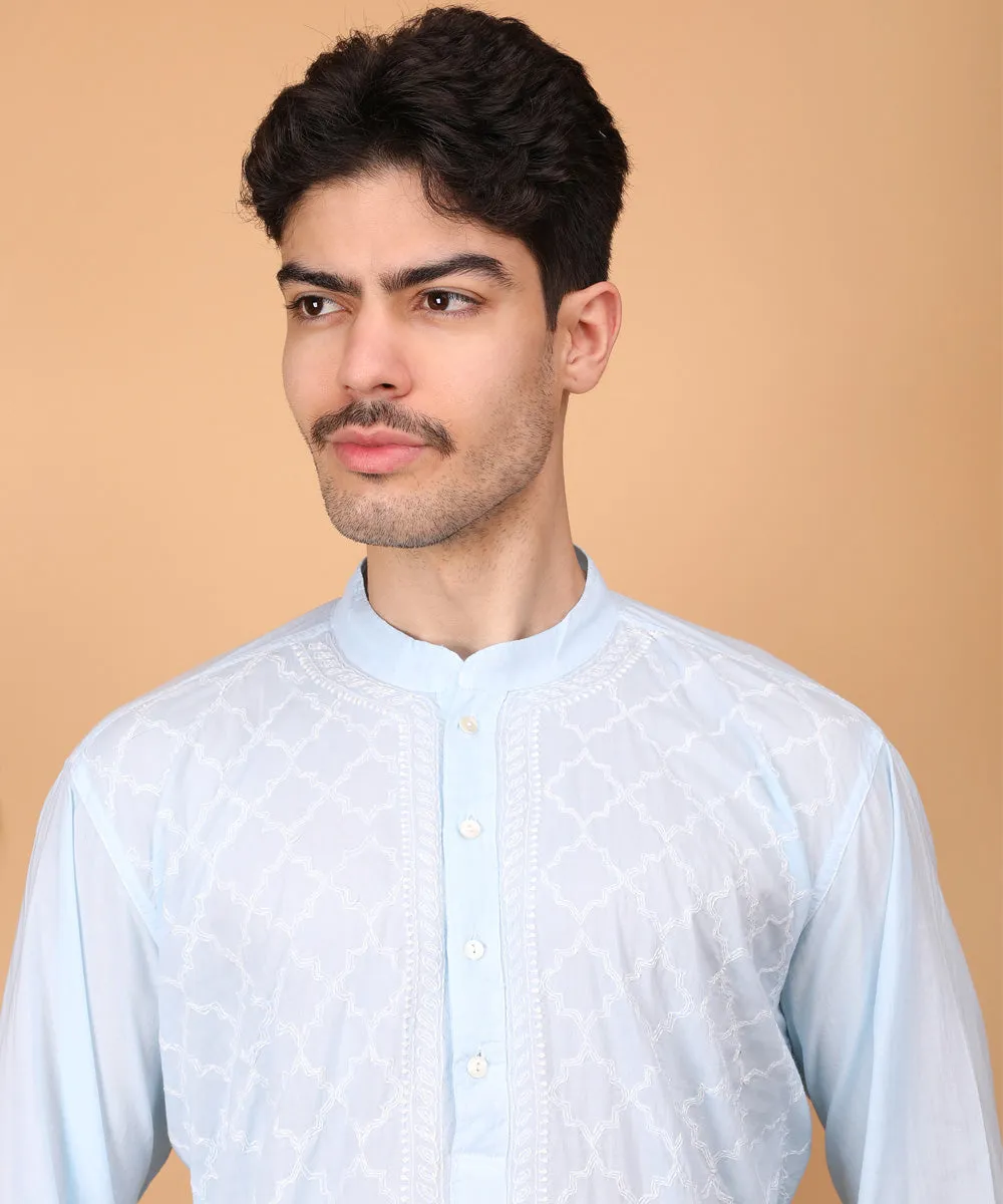 Skyblue hand embroidered cotton chikankari kurta