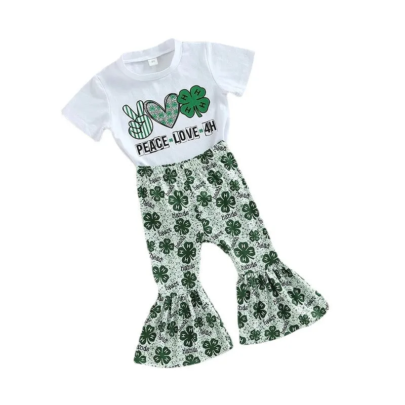 St. Patrick's Day Children's Set 0-4 Year Old Girls' Four Leaf Grass Short Sleeve T-shirt High Waist Flare Pants 3 Pieces