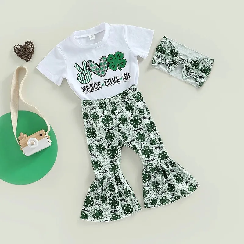 St. Patrick's Day Children's Set 0-4 Year Old Girls' Four Leaf Grass Short Sleeve T-shirt High Waist Flare Pants 3 Pieces