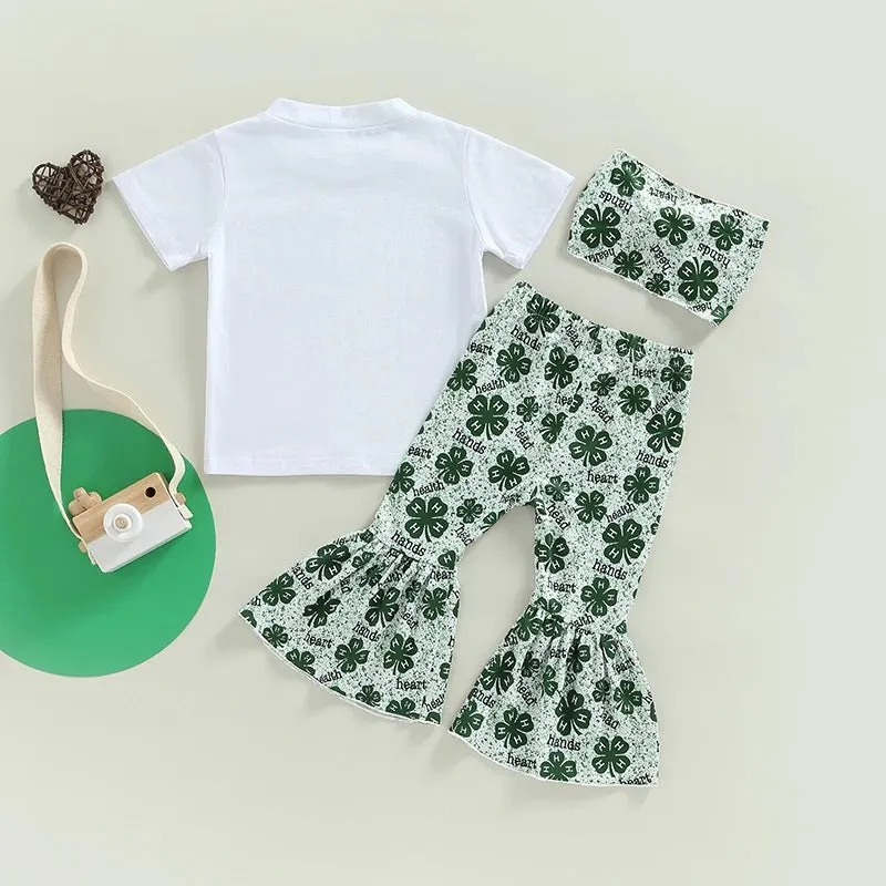 St. Patrick's Day Children's Set 0-4 Year Old Girls' Four Leaf Grass Short Sleeve T-shirt High Waist Flare Pants 3 Pieces