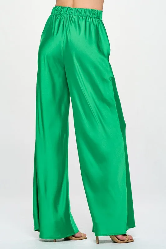 Stretch Satin Pants with Elastic Waist and Pockets