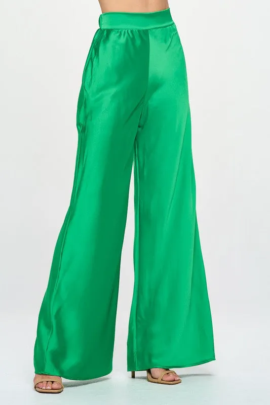 Stretch Satin Pants with Elastic Waist and Pockets