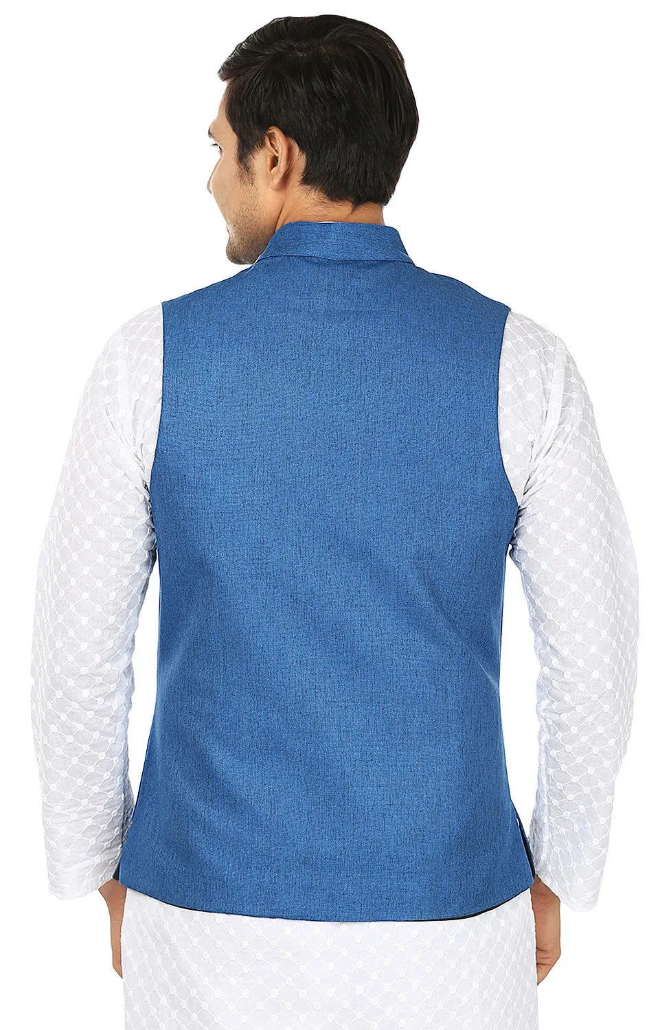 Traditional Indian Men's Sleeve Less Jute Closed Neck Waistcoat (Blue)