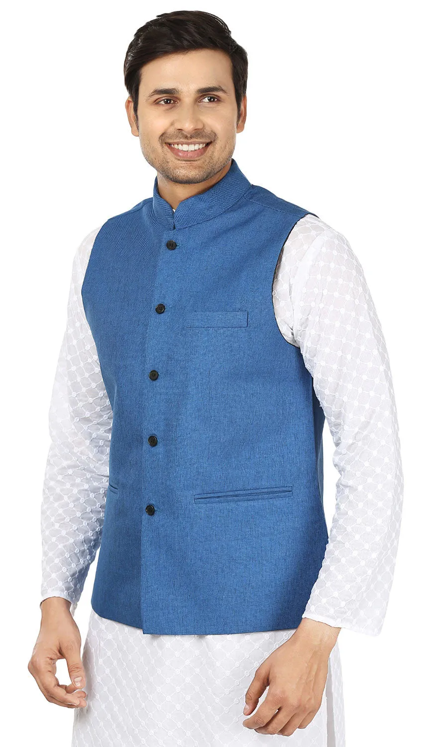 Traditional Indian Men's Sleeve Less Jute Closed Neck Waistcoat (Blue)