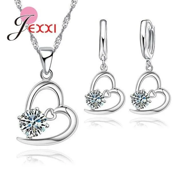 Valentines heart shape Sterling Silver Necklace and Earring set Pendant Jewelry