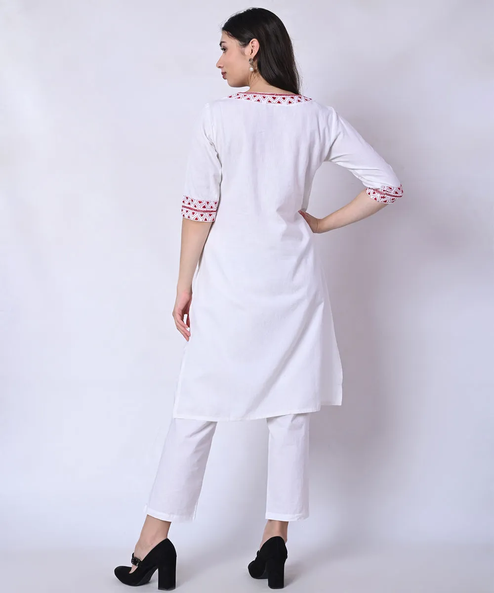 White red hand embroidered cotton kurta set