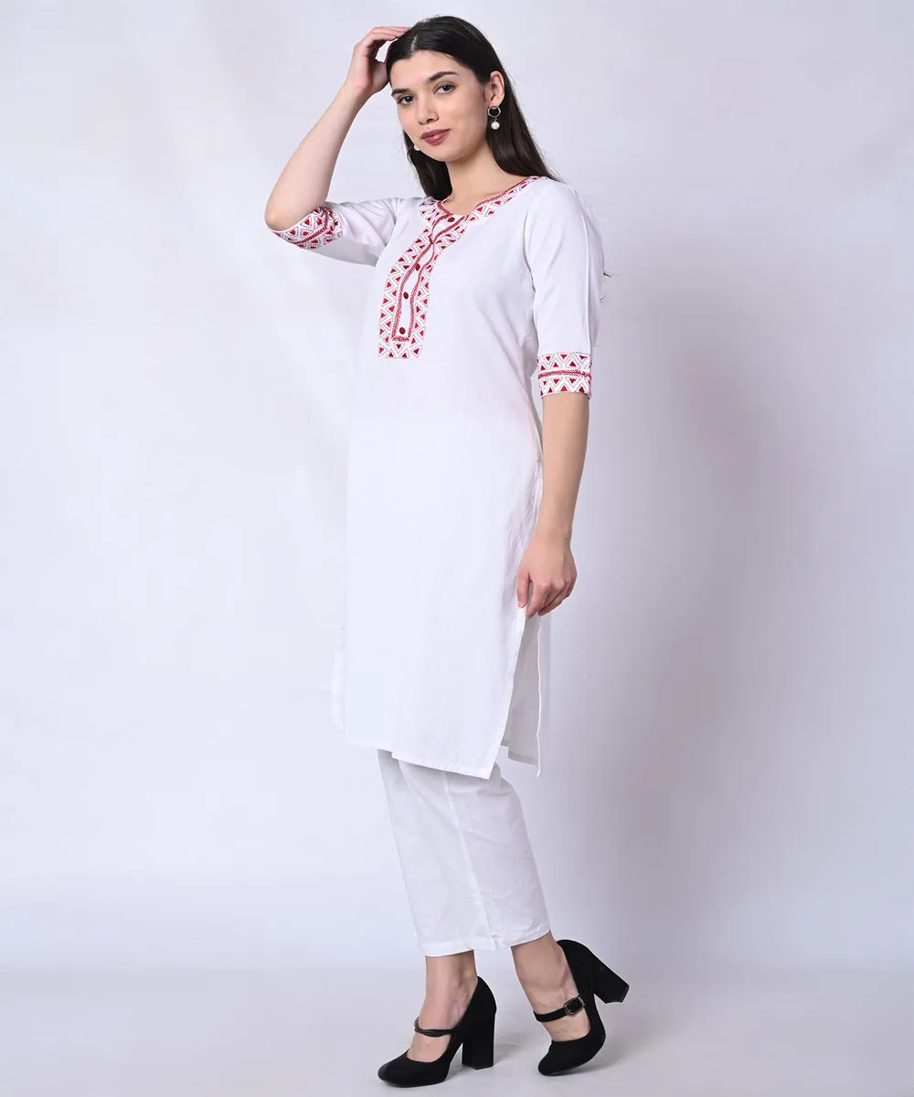 White red hand embroidered cotton kurta set