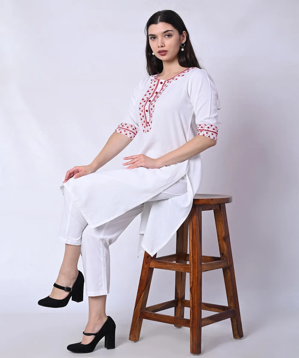 White red hand embroidered cotton kurta set