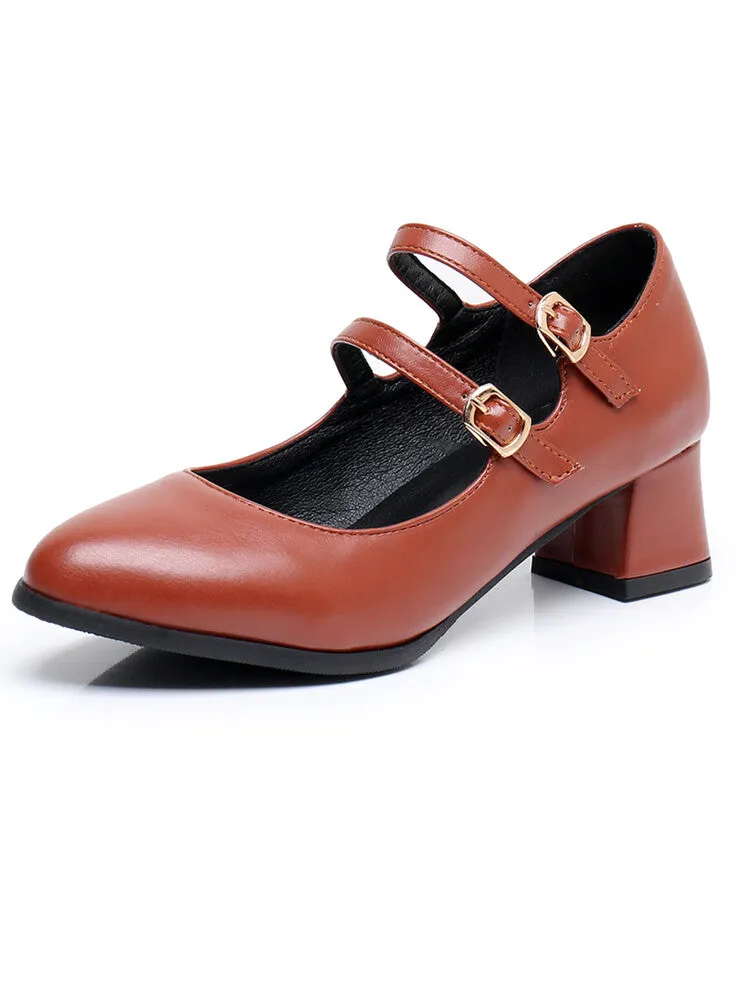 Women's Shallow Mary Janes Block Chunky Heel Pumps