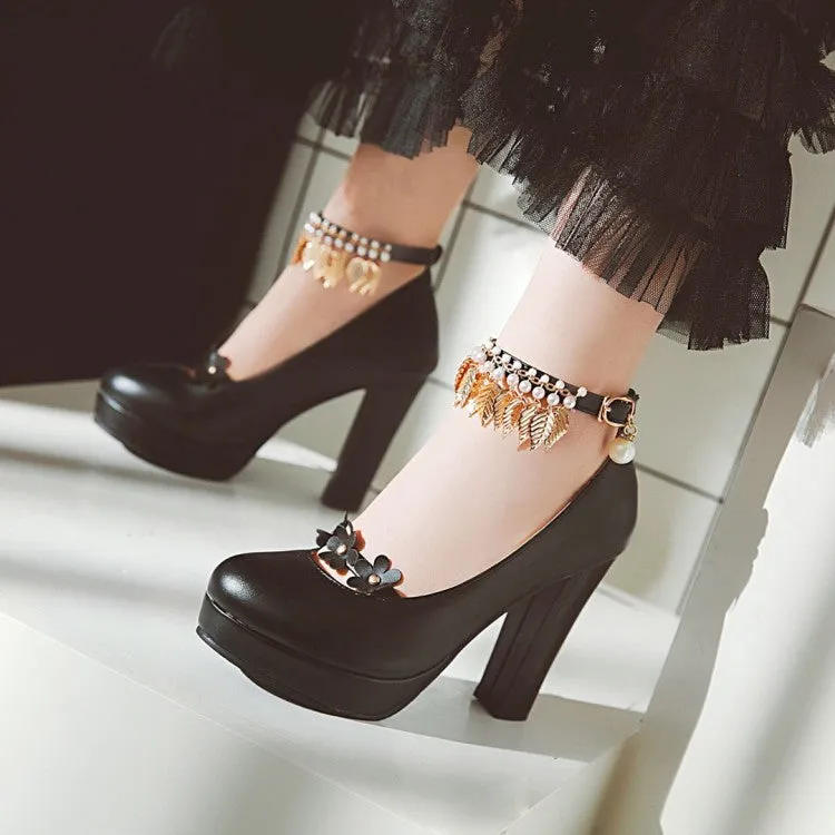 Women's Tassel Ankle Strap High Heel Chunky Heels Platform Pumps