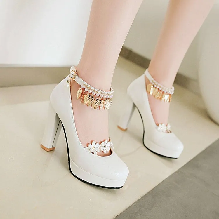 Women's Tassel Ankle Strap High Heel Chunky Heels Platform Pumps