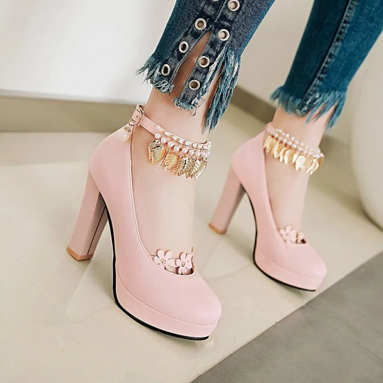 Women's Tassel Ankle Strap High Heel Chunky Heels Platform Pumps