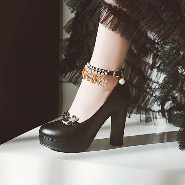 Women's Tassel Ankle Strap High Heel Chunky Heels Platform Pumps