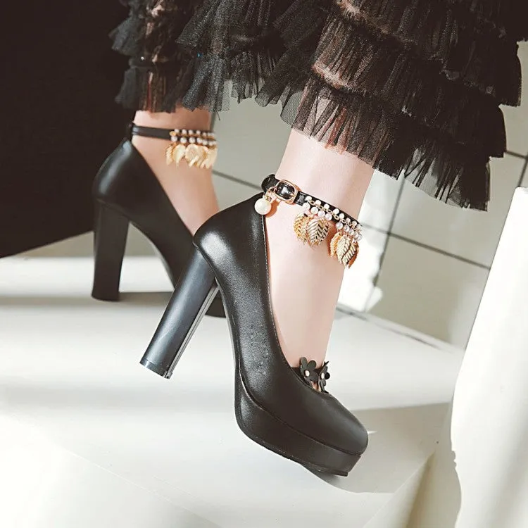 Women's Tassel Ankle Strap High Heel Chunky Heels Platform Pumps