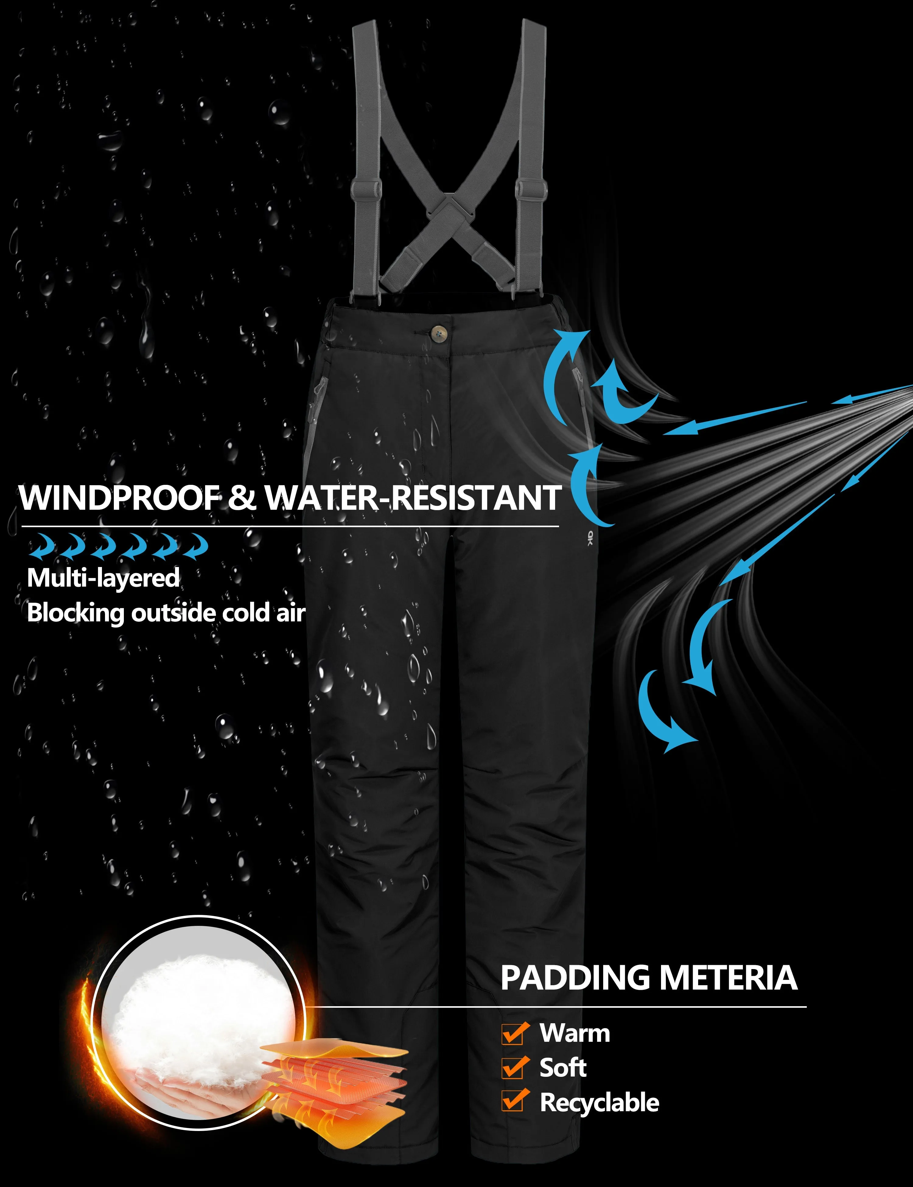 Women's Water Resistant Ski Bibs Insulated Snow Pants with Detachable Suspenders