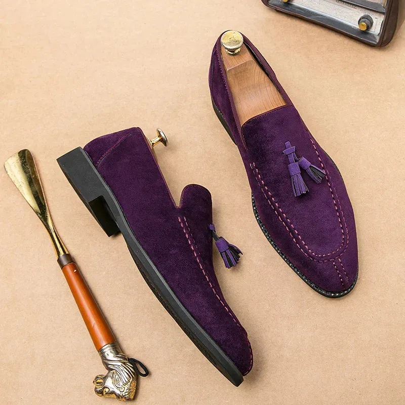 Xituodai   Brand Design Men Suede Leather Shoes Moccasins Purple Tassel Pointed Men's Loafers Vintage Slip-on Casual Men Social Dress Shoe