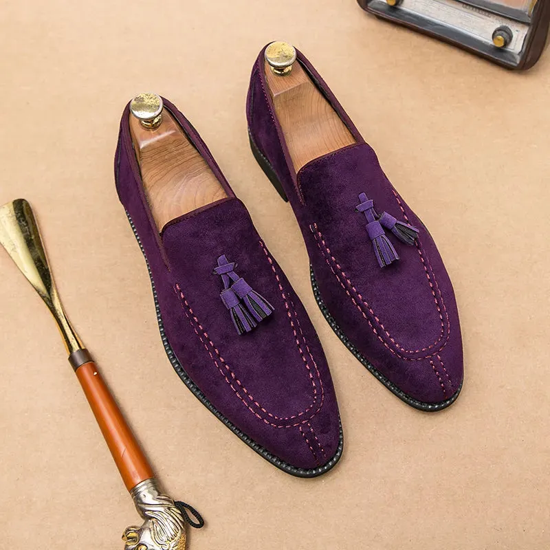 Xituodai   Brand Design Men Suede Leather Shoes Moccasins Purple Tassel Pointed Men's Loafers Vintage Slip-on Casual Men Social Dress Shoe