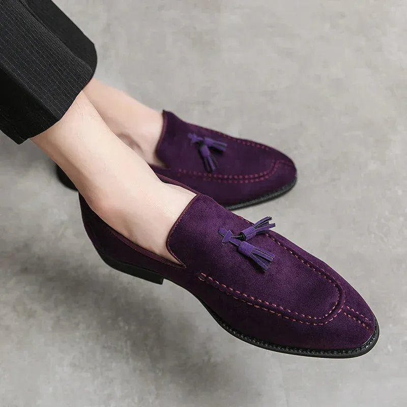 Xituodai   Brand Design Men Suede Leather Shoes Moccasins Purple Tassel Pointed Men's Loafers Vintage Slip-on Casual Men Social Dress Shoe