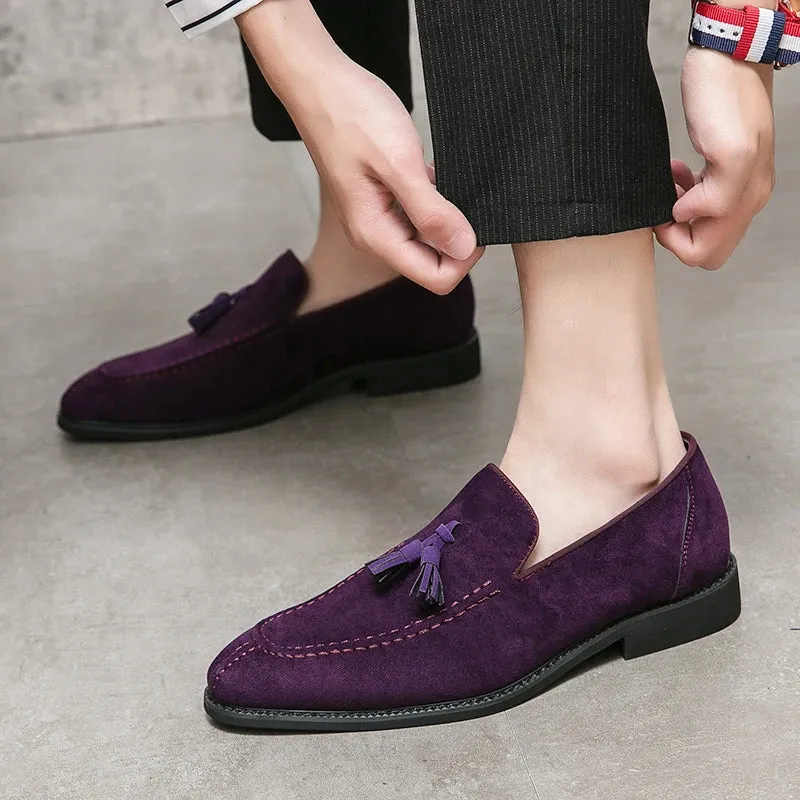 Xituodai   Brand Design Men Suede Leather Shoes Moccasins Purple Tassel Pointed Men's Loafers Vintage Slip-on Casual Men Social Dress Shoe