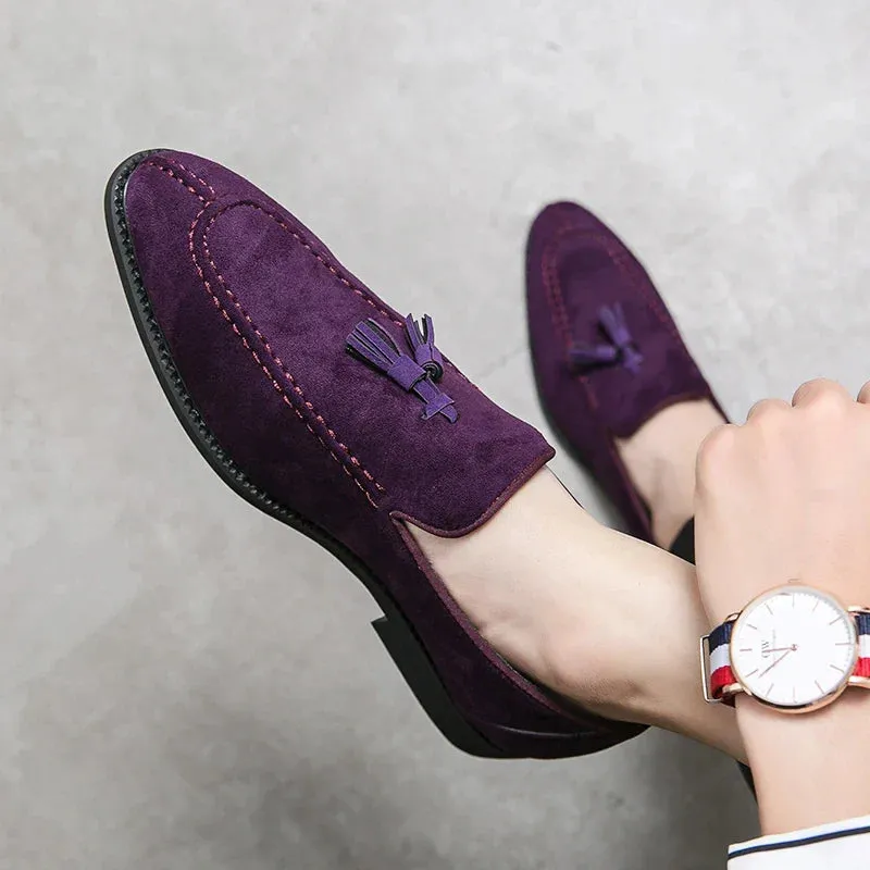 Xituodai   Brand Design Men Suede Leather Shoes Moccasins Purple Tassel Pointed Men's Loafers Vintage Slip-on Casual Men Social Dress Shoe