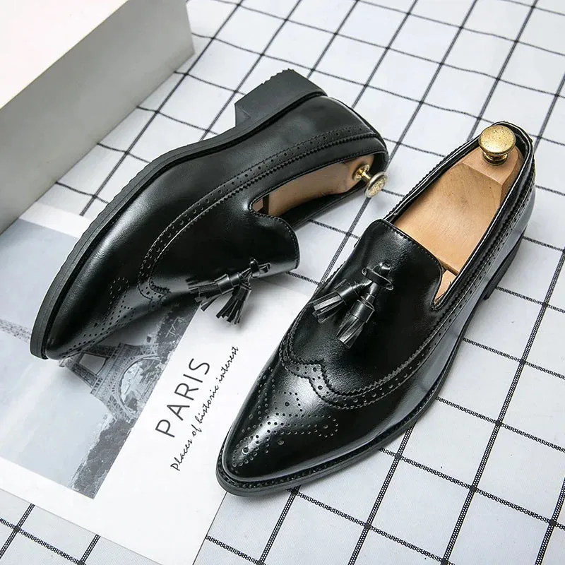 Xituodai   Classic Black Brogues Leather Shoes Men Pointy-toe Dress Shoes Fashion Tassel Mens Formal Shoes Size 48 Casual Business Shoes