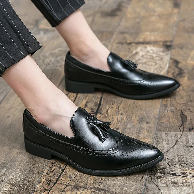 Xituodai   Classic Black Brogues Leather Shoes Men Pointy-toe Dress Shoes Fashion Tassel Mens Formal Shoes Size 48 Casual Business Shoes