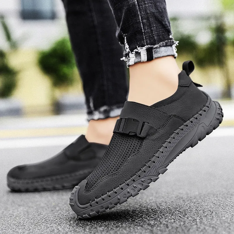 Xituodai  Men Summer Leather Loafers Handmade Casual Shoes Breathable Men's Sneakers Fashion Leisure Walk Shoes Male Outdoor Rubber Flats